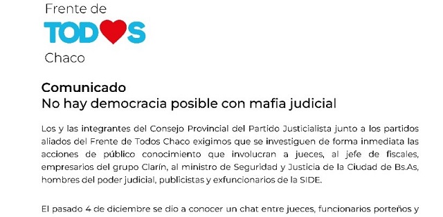 “No hay Democracia posible con mafia Judicial”, advirtió el Frente de Todos Chaco en un comunicado  