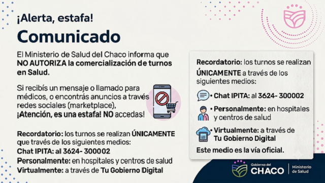 Salud alerta sobre venta ilegal de turnos y pide a la comunidad denunciar estafas 
