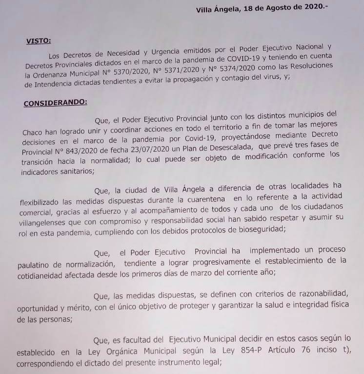 Villa Ángela: El Municipio se adhiere a la segunda y tercera fase del Plan de Desescalada hasta el viernes 4 de septiembre de 2020 inclusive